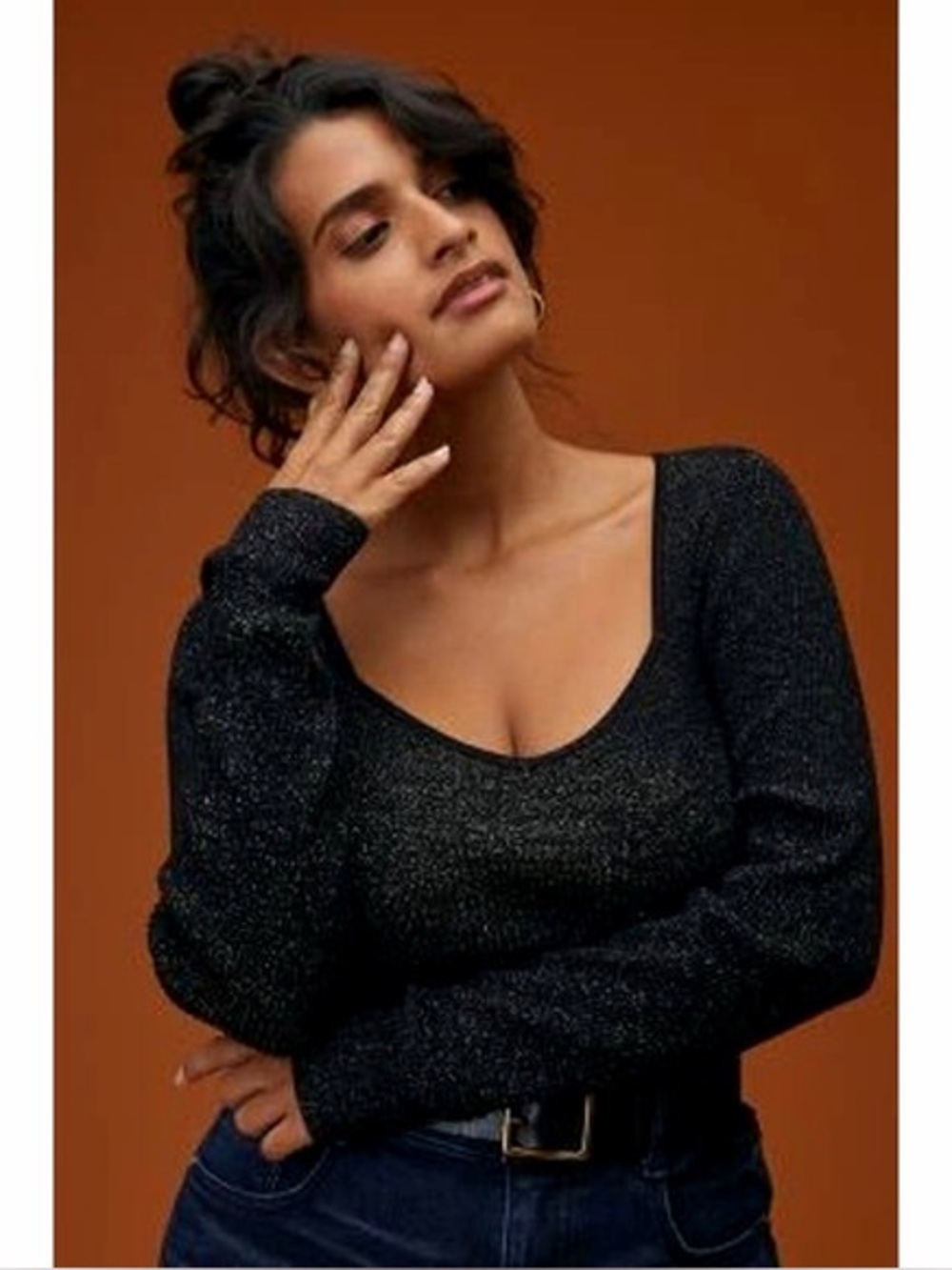 Anthropologie Black Shimmer Sweetheart Bodycon Sweater Long Sleeve Womens Size S
